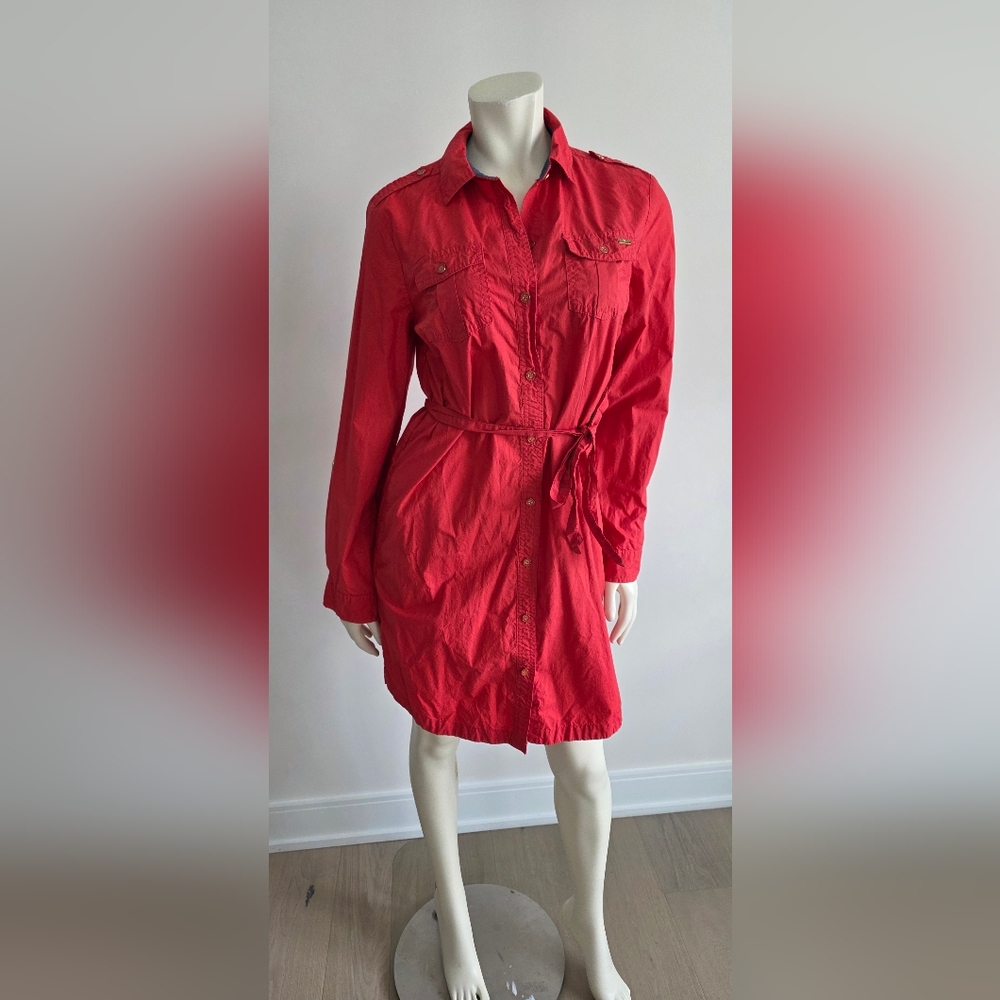 Tommy Hilfiger Salmon Red Poplin Shirt Mini Dress Roll Up Sleeves & Pockets S